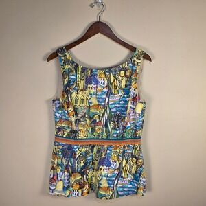 Weston Womens Cityscape Art Print Peplum Top Sleeveless V-Back Multi Color L
